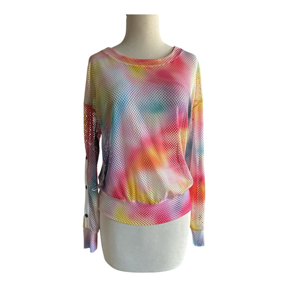 Lucky In Love Techno Ombre Mesh Sweatshirt Small Rainbow Cinch Sides Long Sleeve - Picture 3 of 9